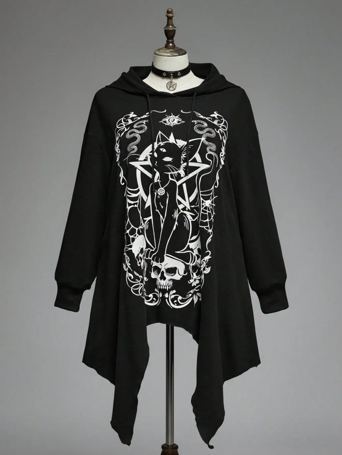 

Черная готическая толстовка с асимметричным принтом в виде кошачьего черепа и пентаграммы для женщин, свободного кроя, зимняя.