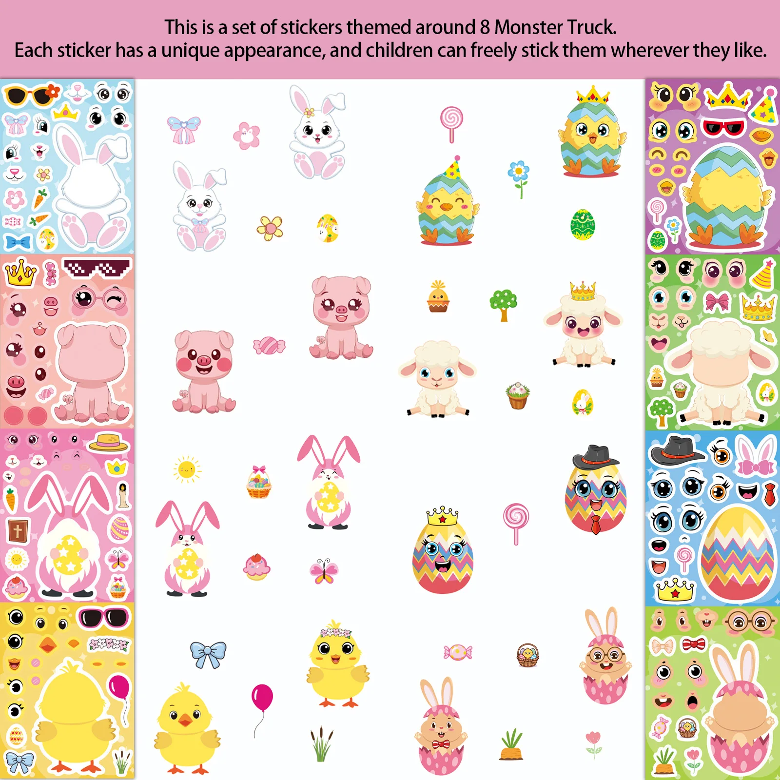 

8/16Sheets Cartoon Easter Eggs Puzzle Stickers Make Your Own Kawaii Chick Cow Rabbit Decals Children Jigsaw Toys For Kids Gift