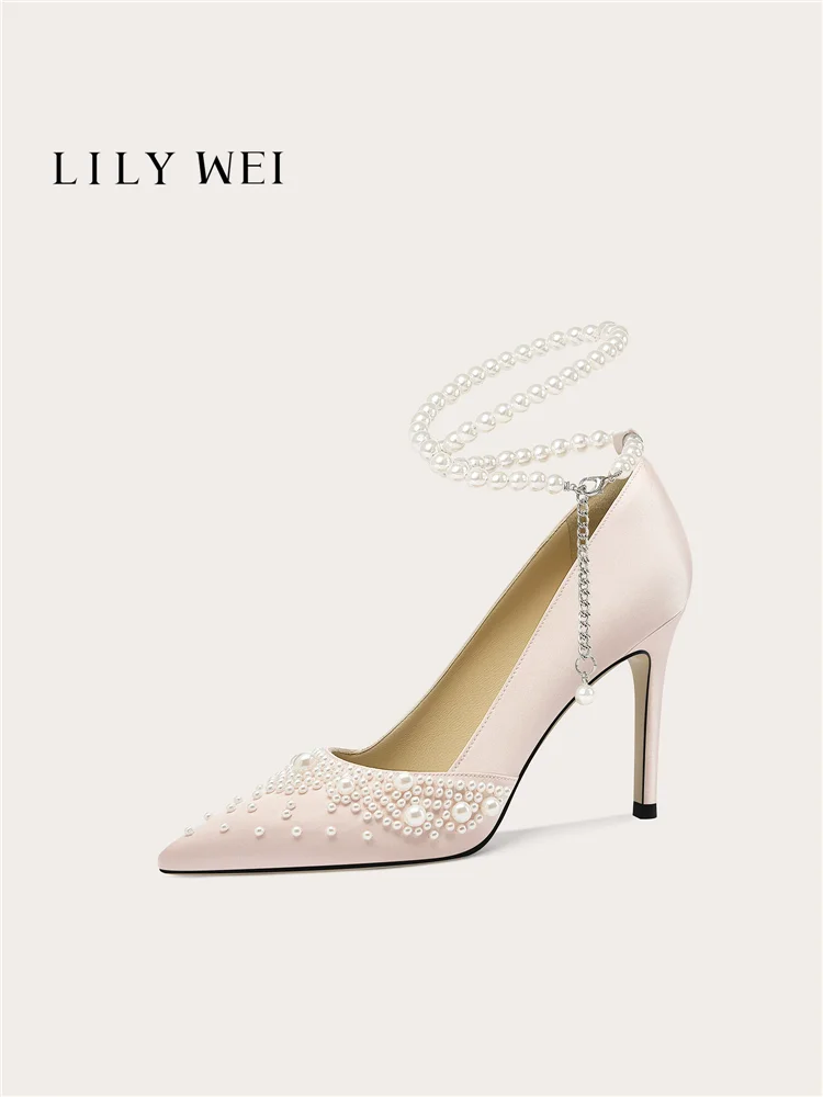 Spring New Pointed Shallow Mouth Silk Pearl Chain Single Shoes Banquet Large Size Small Size Thin Heel High Heel Women's Shoes