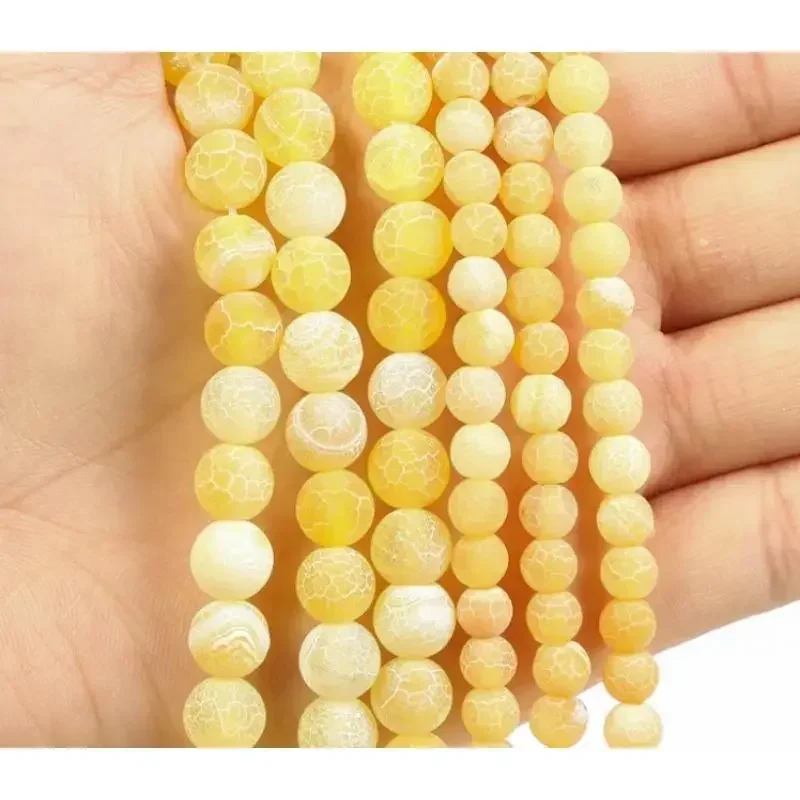 

15inch Fashion Natural Stone Yellow Frosted Crack Agate Charm Loose Bead DIY Round Beads Jewelry Accessories