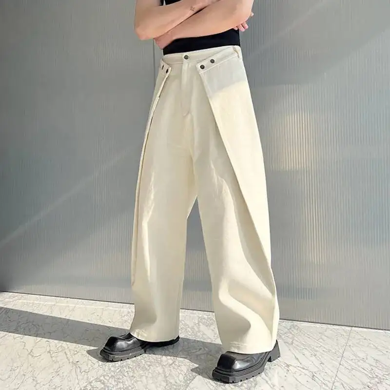 Hip Hop Men Jeans Solid Color Button Loose Leaf Patchwork Wide Leg Pants Men Streetwear Casual Fashion Trousers