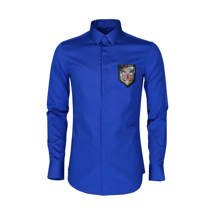 Men's slim fit shirt pocket with colorful printed butterfly pocket long sleeved factory sales