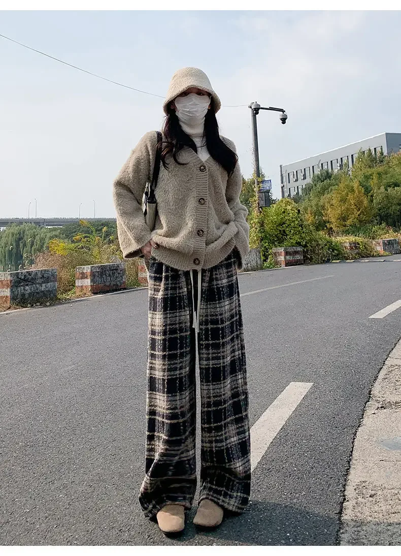 Cerulean Blue Green Plaid Women's Pants High-Waisted Draped Bell Bottoms Fleece-Lined Casual Trousers Autumn Winter 2024 New Mod