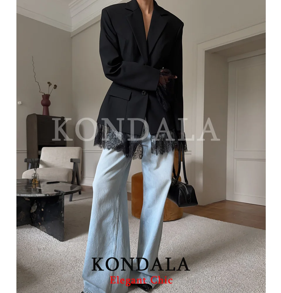KONDALA Women Office Lady Lace Splicing Slim Blazer Tight Waist Blazer Fashion 2026 New Spring Autumn Party High Street Blazer
