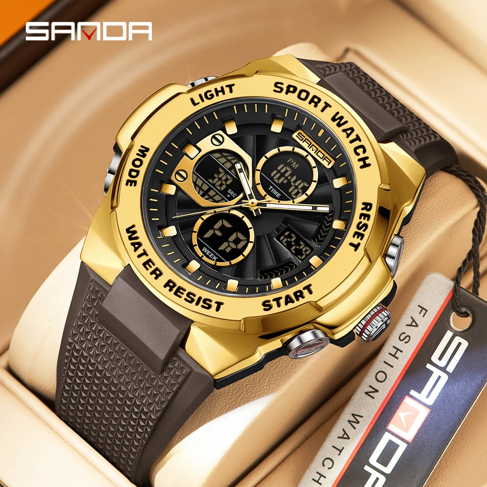 

SANDA 3378, новые роскошные спортивные мужские часы с двойным дисплеем, водонепроницаемые светящиеся мужские наручные часы, кварцевые светодиодные хронографы, Relogio Masculino