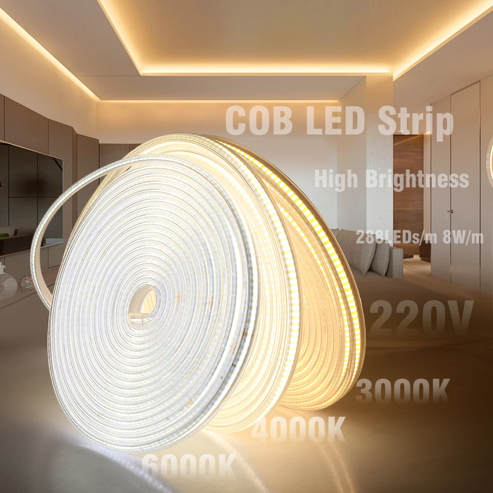 220V COB LED Strip 288LEDs/m Flexible LED Tape  High Safety Outdoor Waterproof LED Strip Light.