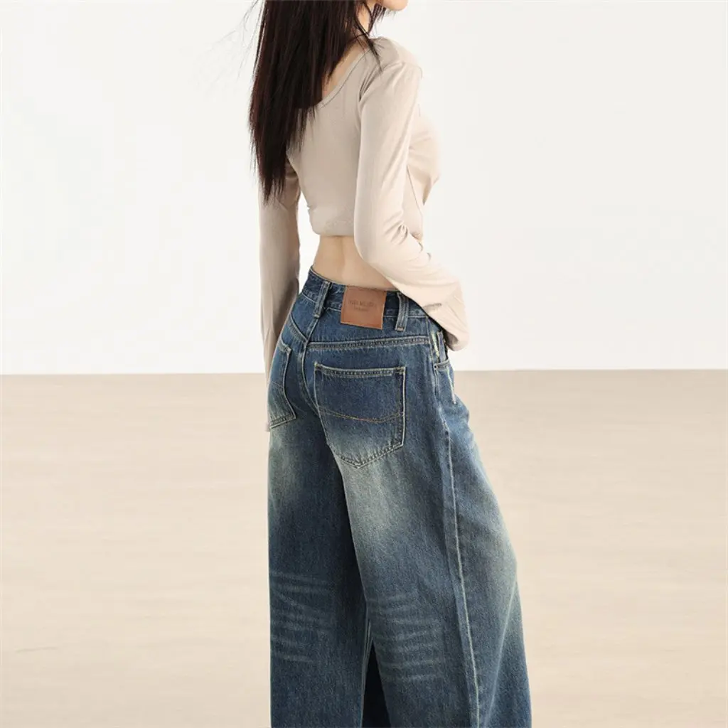 

Женские винтажные свободные широкие джинсы с высокой талией, утягивающие прямые брюки в пол, весна-осень, большие размеры