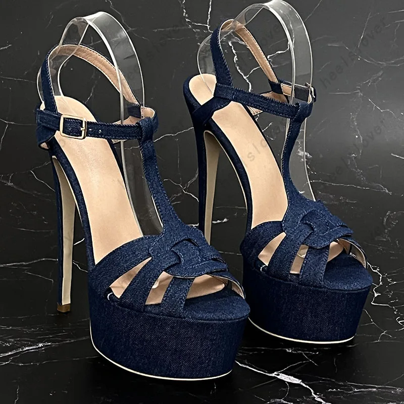 Ahhlsion New Fashion Women sandali estivi T-strap Sexy tacchi a spillo Open Toe Pretty Blue Party Shoes Ladies US Size 5-20