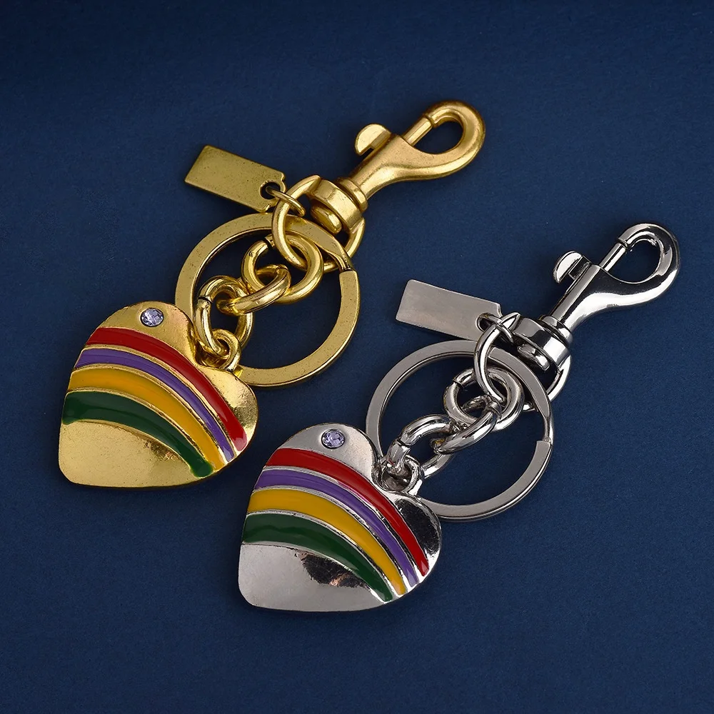 Rainbow Heart Keychain Alloy Bag Charm Colorful Stripe Heart Purse Accessory With Clip Key Ring Gift For Women Purse Decoration