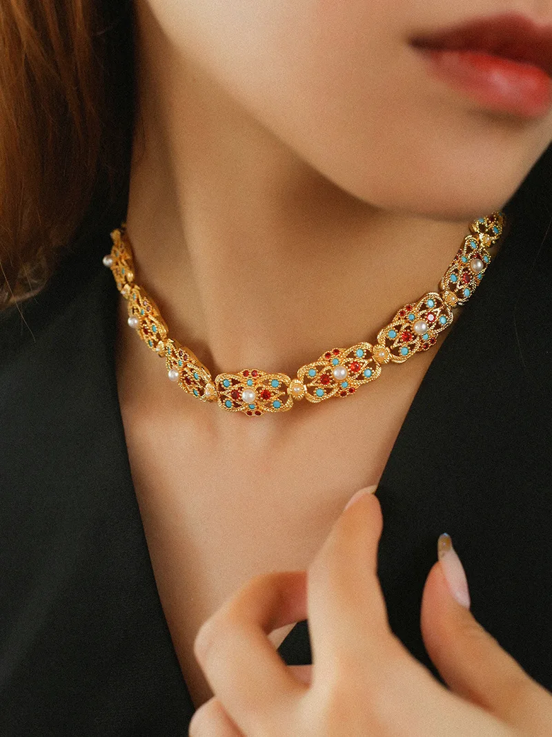 Brass Vintage Colorful Beads Cutout Chain Choker Necklace Women Jewelry Punk Designer Runway Gown Boho Japan Korean