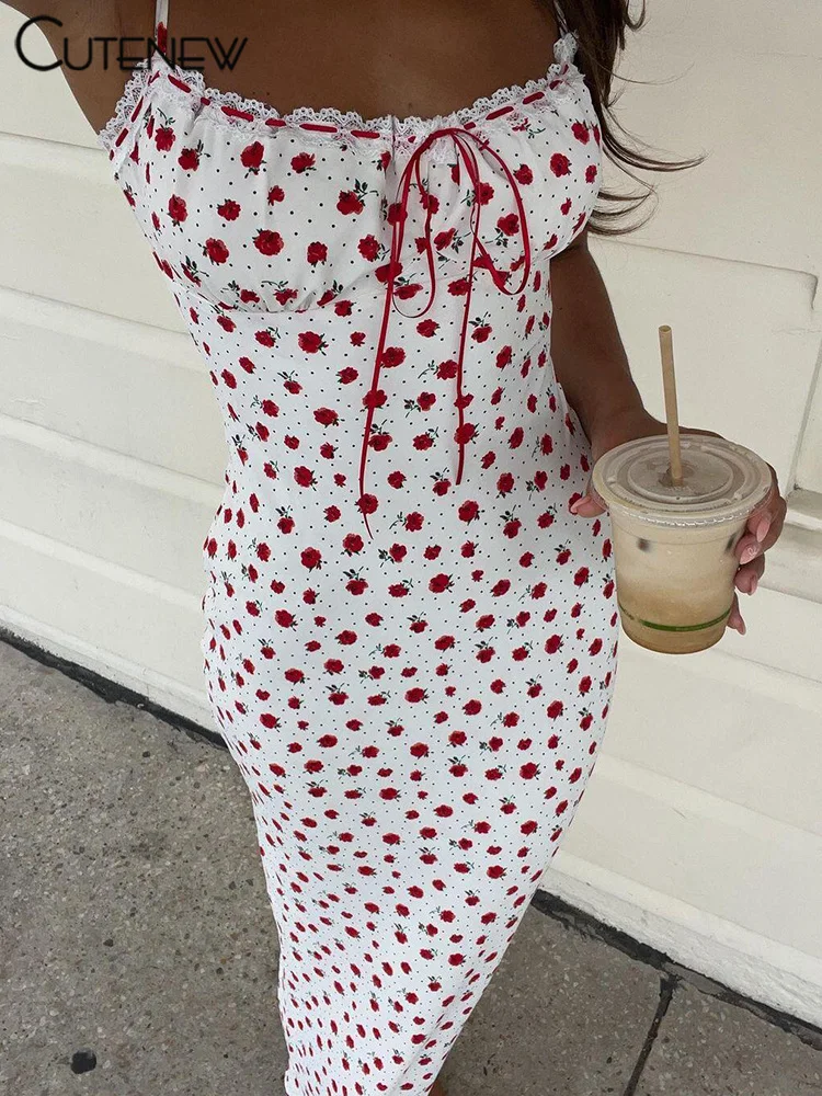 Cutenew Rose Print Trend Maxi Dresses Women Summer Hipster Suspendency Bandage Straight Bodycons Female Concise Street Vestidos