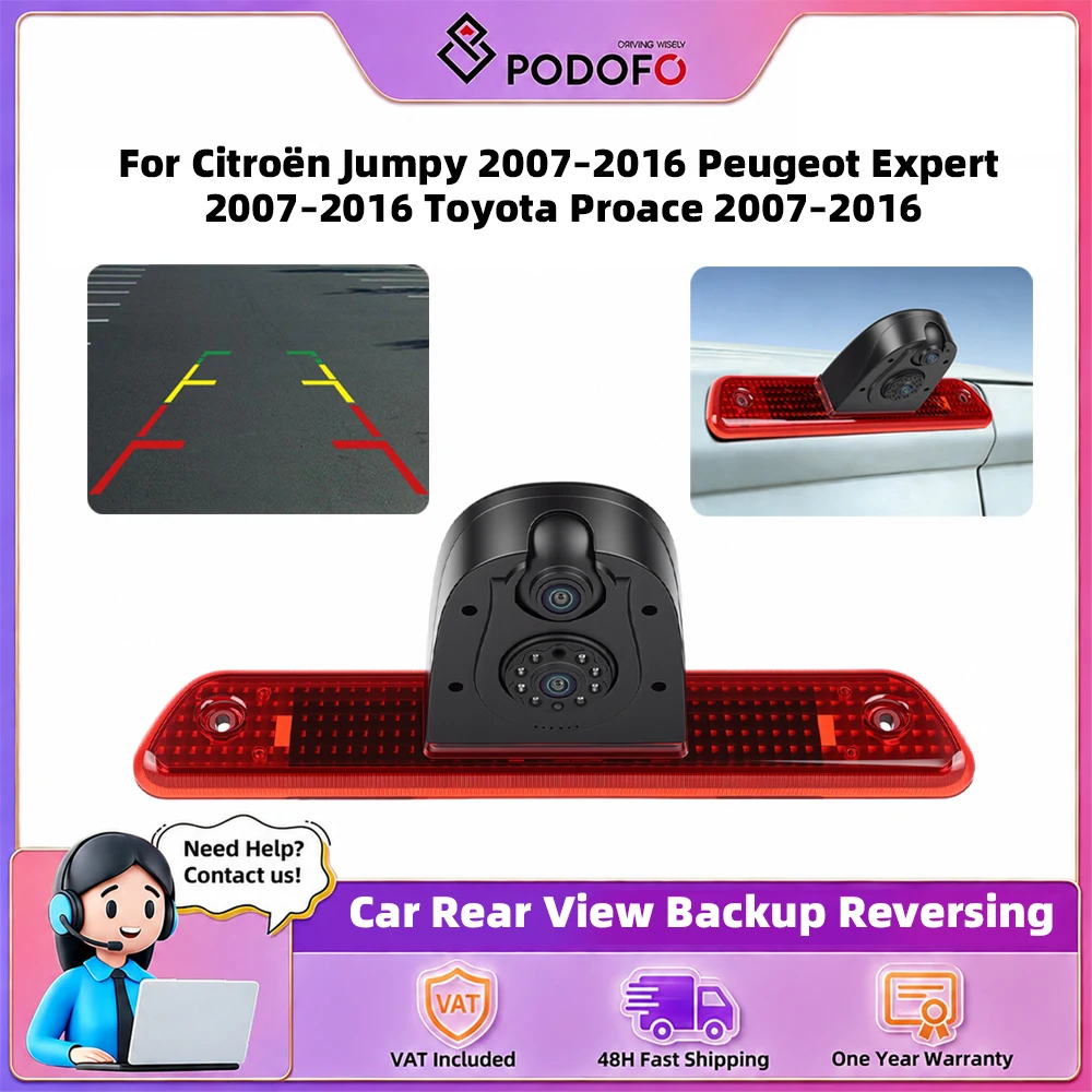 Telecamera di retromarcia Podofo per auto, monitor con visione notturna, luce freno, impermeabile IP67 per Citroën Jumpy 2007–2016, Peugeot Expert 2007–2016, Toyota Proace 2007–2016, dotata di doppia