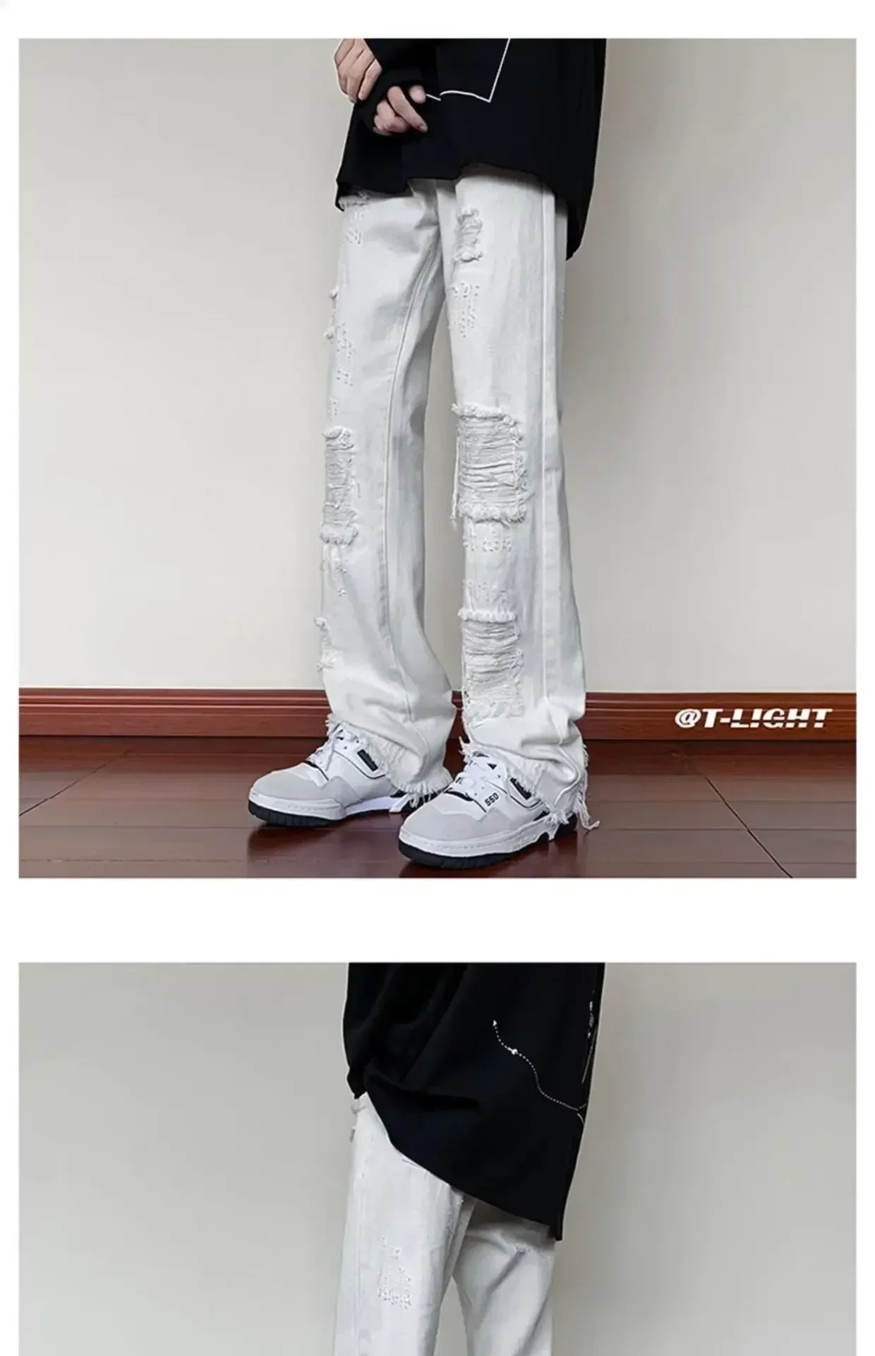 

European and American Fashion Men's New Ripped and Fringed Slightly Flared High-end Slim-fit and Slimming Denim Trousers.