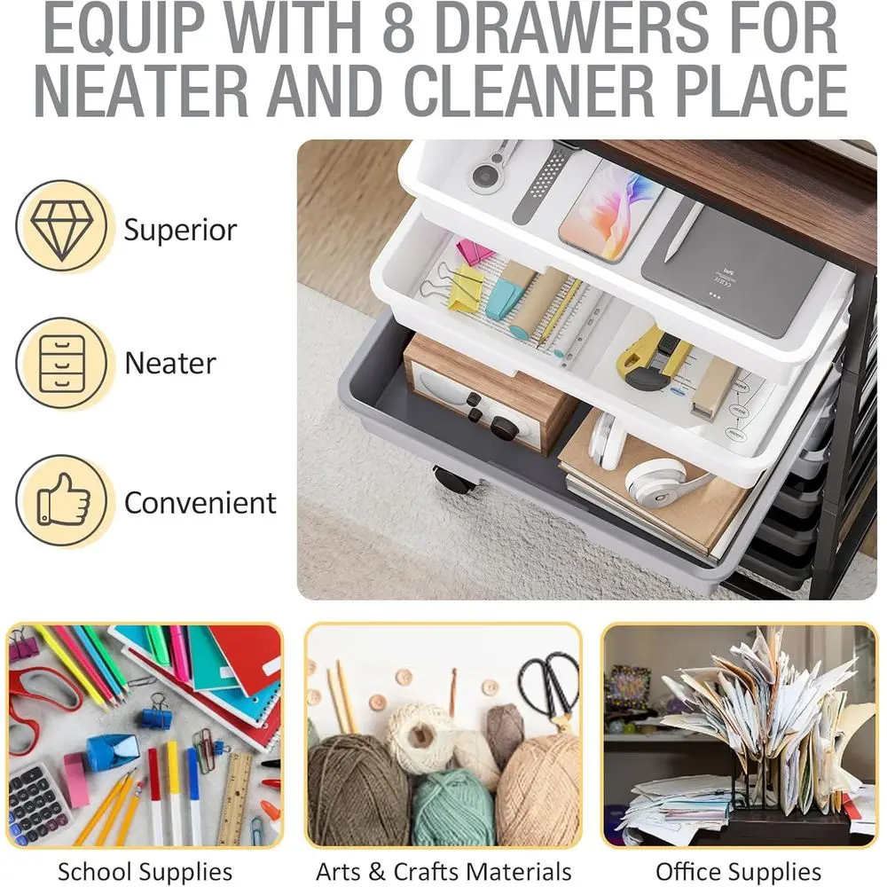 عربة تخزين دوارة ذات 8 أدراج باللون الرمادي مع سطح خشبي - مثالية للمعلمين والمكاتب وغرف الحرف اليدوية #4