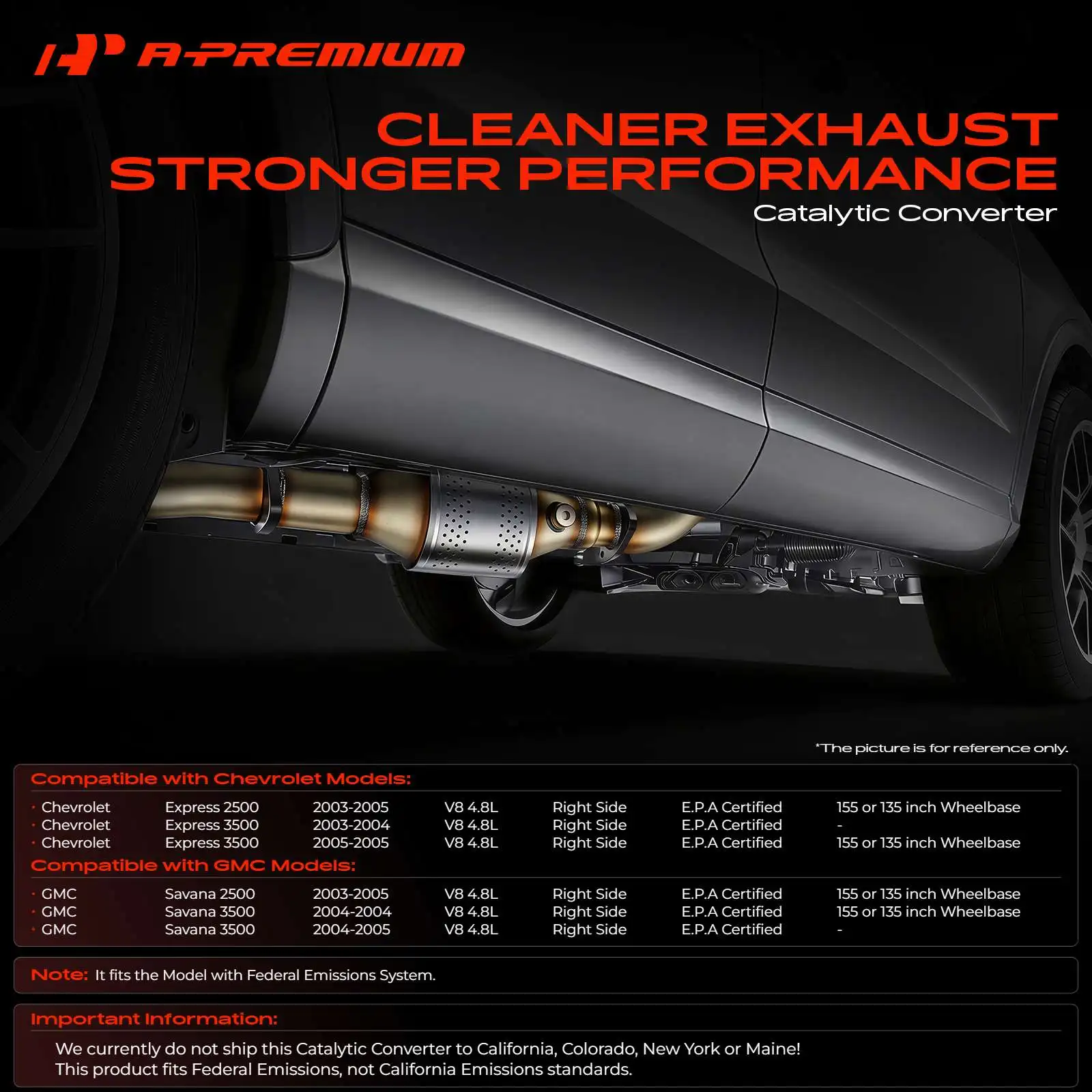 A-Premium Right Side Catalytic Converter for Chevrolet Express 2500 Express 3500 2003-2005 GMC Savana 2500 2003-2005 Savana 3500