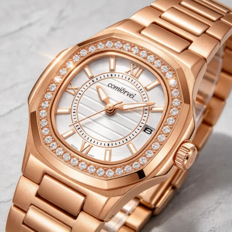Luxury Bling Rhinestone Ladies Wristwatch, Octagonal Case, Stainless Steel Strap, Elegant Business Casual Waterproof Women Quart