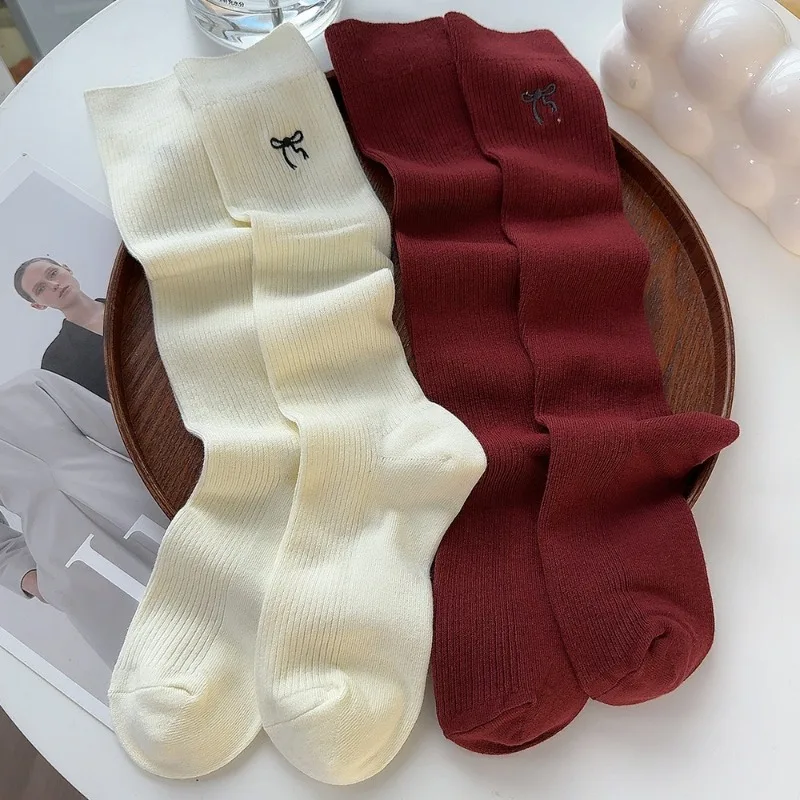 Ancla Red Long Bowknot Knitted Stockings Women Solid Color Elastic Socks Sweet Bowknot Embroidery Girls Vertical Knee-high Socks
