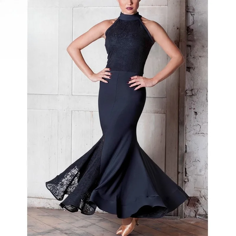 

Индивидуальный черныйпул без рукавов с вырезом на плечах, кружевной костюм для современного танца, стол для социальных тренировок, большое шоу-платье, одежда для воздушных шаров