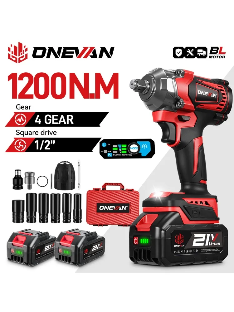 ONEVAN 1200N.M Borstelloze Elektrische Slagmoersleutel 1/2 inch Accuschroevendraaier Moersleutel Power Tool Voor Makita 18V Batterij Pin - afbeelding 2
