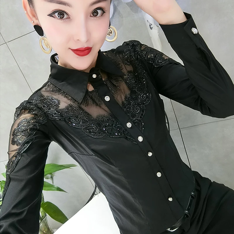 Elegant Women Long-sleeved Lace Blouse New fashion Stitching Cotton shirt Slim Single-breasted Hot drilling OL Tops