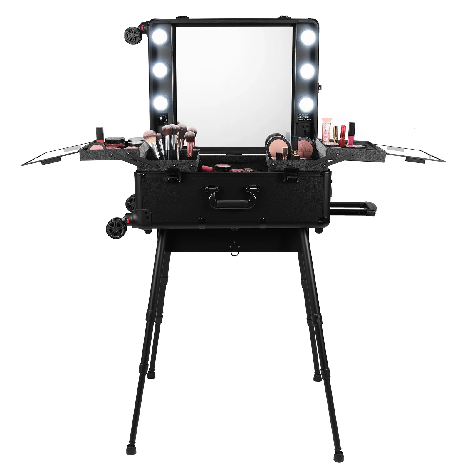 

Дорожный косметический органайзер на колесиках с зеркалом и подсветкой, профессиональная тележка-кейс для визажистов с подставками для женщин и девушек