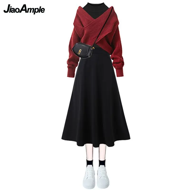 2023 Autumn/Winter New Korean Elegant Matching Set Women\'s Fashion Cross Knit Sweater+Bottom Shirt+Strap Dress Three Piece Suit