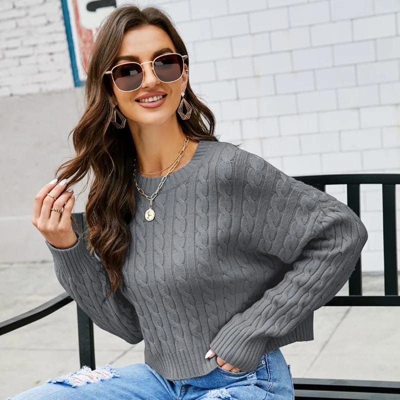 Lazy Style Versatile Solid Color Knitted Sweater Women's Round Neck Twisted Flower Short Knitted Sweater Loose Casual Autumn New