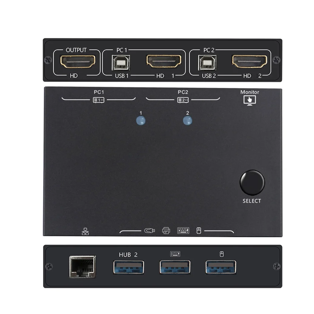 AIMOS HDMI KVM 스위치, 2 인 1 아웃, 4K/USB RJ45 KVM 스위치, 2 PC 공유 키보드 마우스 프린터 비디오 디스플레이, USB 스위치 스플리터