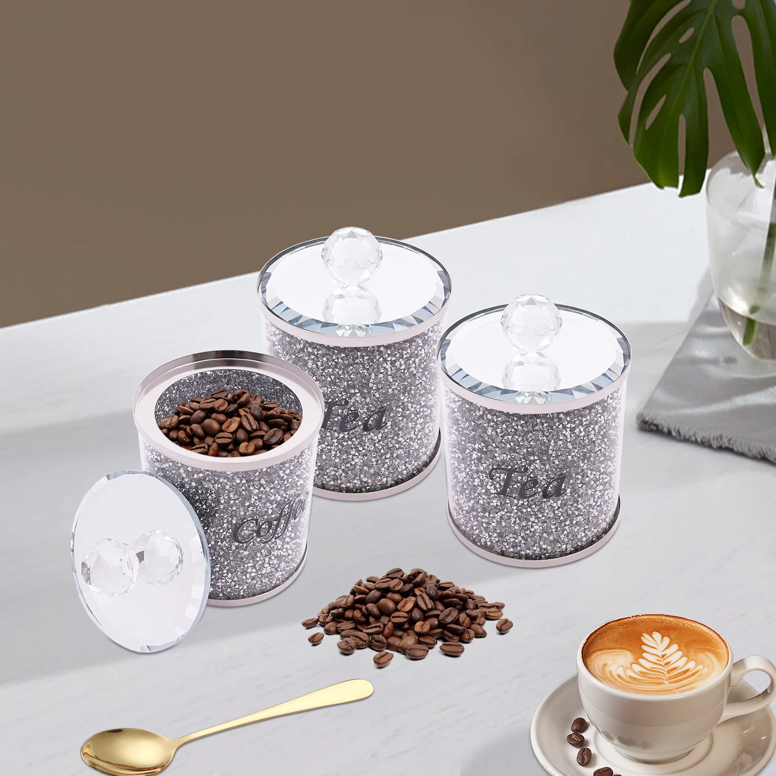 3-teiliges Kaffee-Zucker-Tee-Behälter-Set 10x14cm Moderner Glas-Kaffeebohnen-Organizer Lebensmittel-Aufbewahrungsdosen für Mehl & Snacks, Platzsparend – Detail 4
