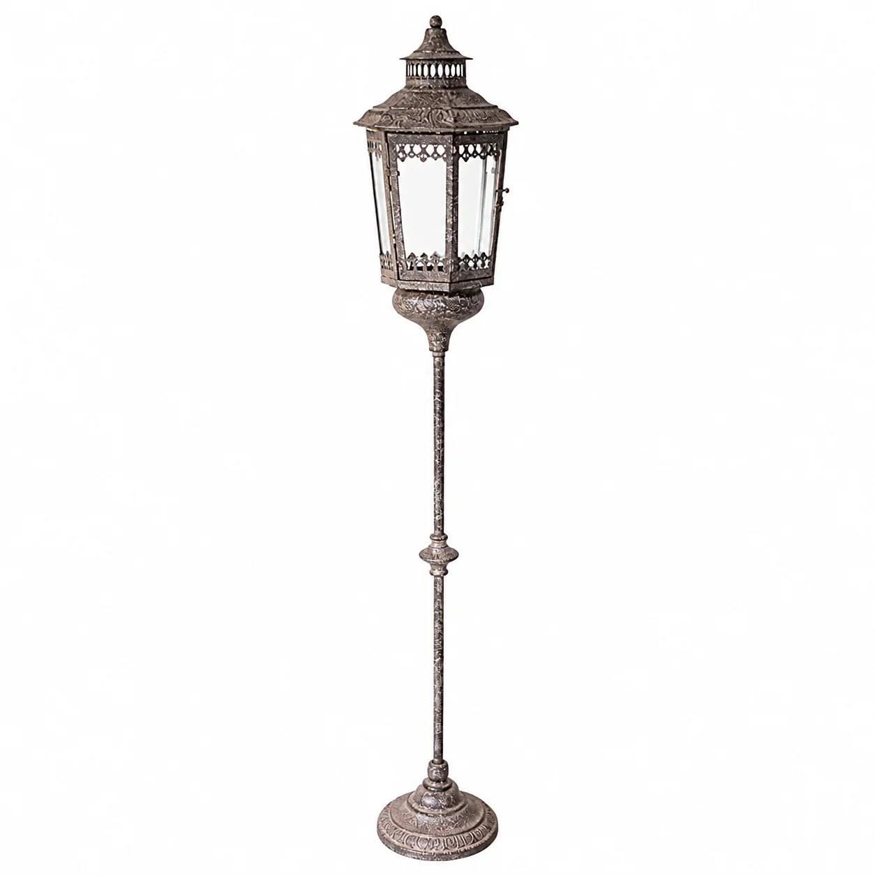 Vintage Iron Glass Floor Lantern, Antique Style Decorative Candle Holder Lamp, Rustic Garden Patio Lantern for Home Outdoor Deco