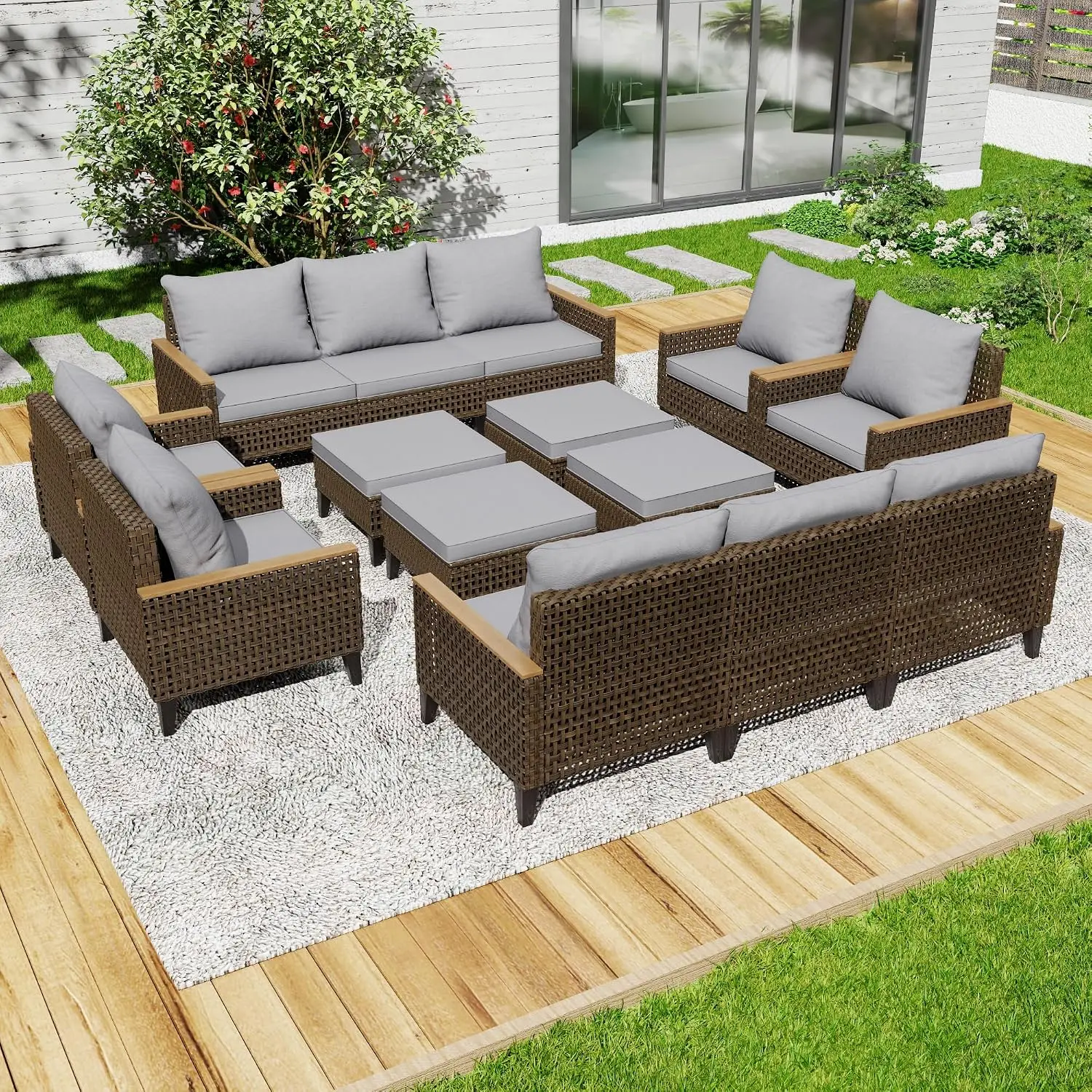 Outdoor Furniture Rattan - 14点セットの屋外用パティオ家具セット。厚手のクッションと高い背もたれを備えた、籐製のセクショナルソファセット。カスタマイズ可能。