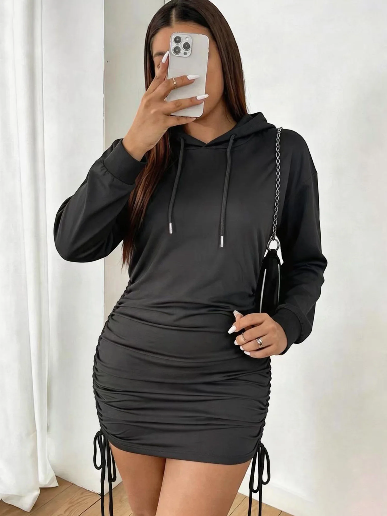Women Slim Fit Hooded Dress Long Sleeve Side Drawstring Ruched Hem Tight Bodycon Street Mini Dress Hang Out