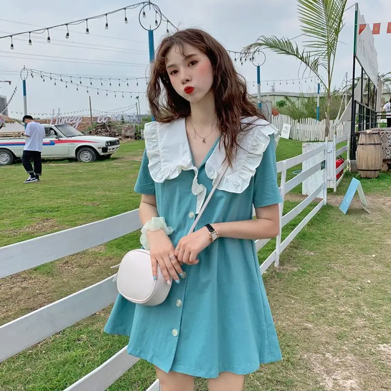 Słodka kontrastowa patchworkowa mini sukienka Letnia nowa sukienka z krótkim rękawem w jednolitym kolorze Luźna sukienka z guzikami Trend w modzie Odzież damska