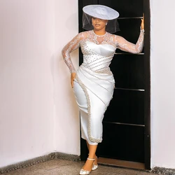 Vestidos de novia civiles para novia, cuello redondo, manga larga, longitud del té, encaje, perlas, Aso Ebi, vestidos de pájaros, batas de mariee personalizadas