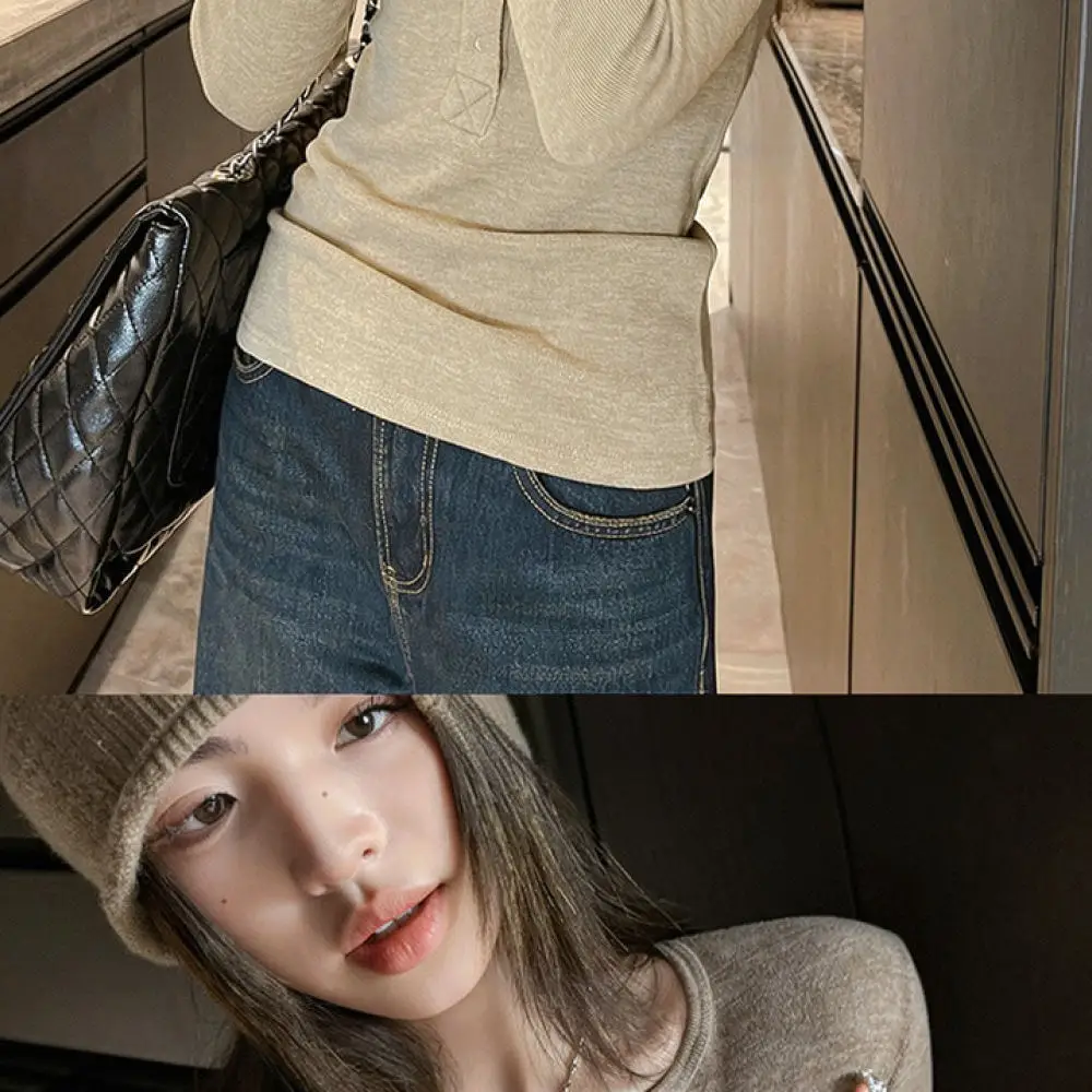 Minimalist Women Long Sleeve Tee Slim Fit Soft Fabric Button Accent Crew Neck Pullover Casual Stylish Autumn Daily Top