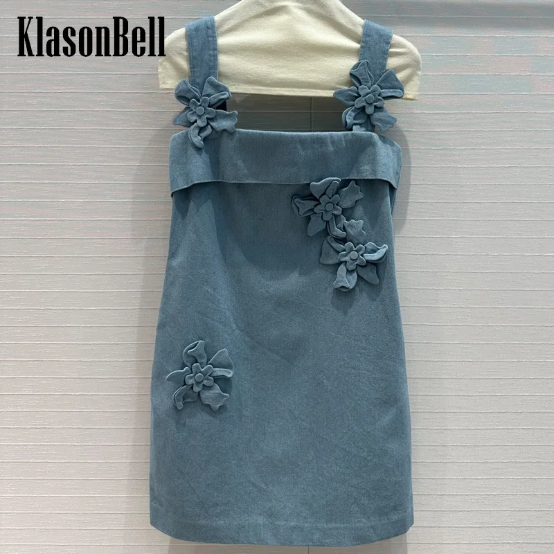 

8.10 KlasonBell Women Three Dimensional Flower Suspender Denim Dress Fashion Sexy Girl Strapless Denim Slim Mini Dress