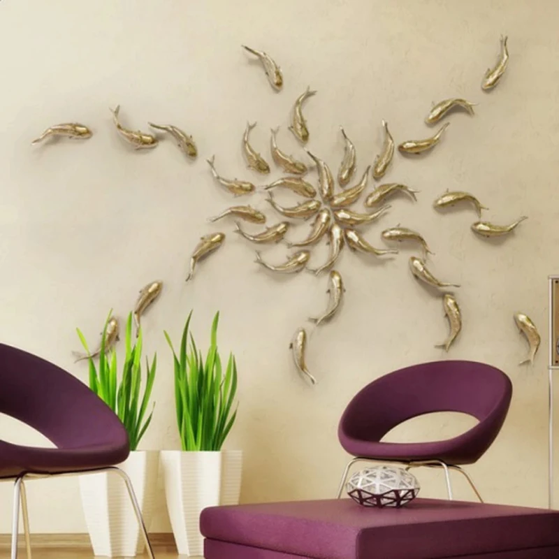 New 2Pcs Resin Carp Golden Fish Wall Hanging Ornament Personality Fish Figurine For Home Restaurant Background Wall Decor