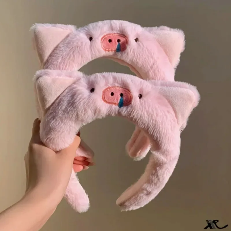 Spa Cute Little Pink Pig Runny Nose Fluffy Headband Washing Face Makeup Removing Tools Kawaii Stuffed Pig Hair Band Girl Gift