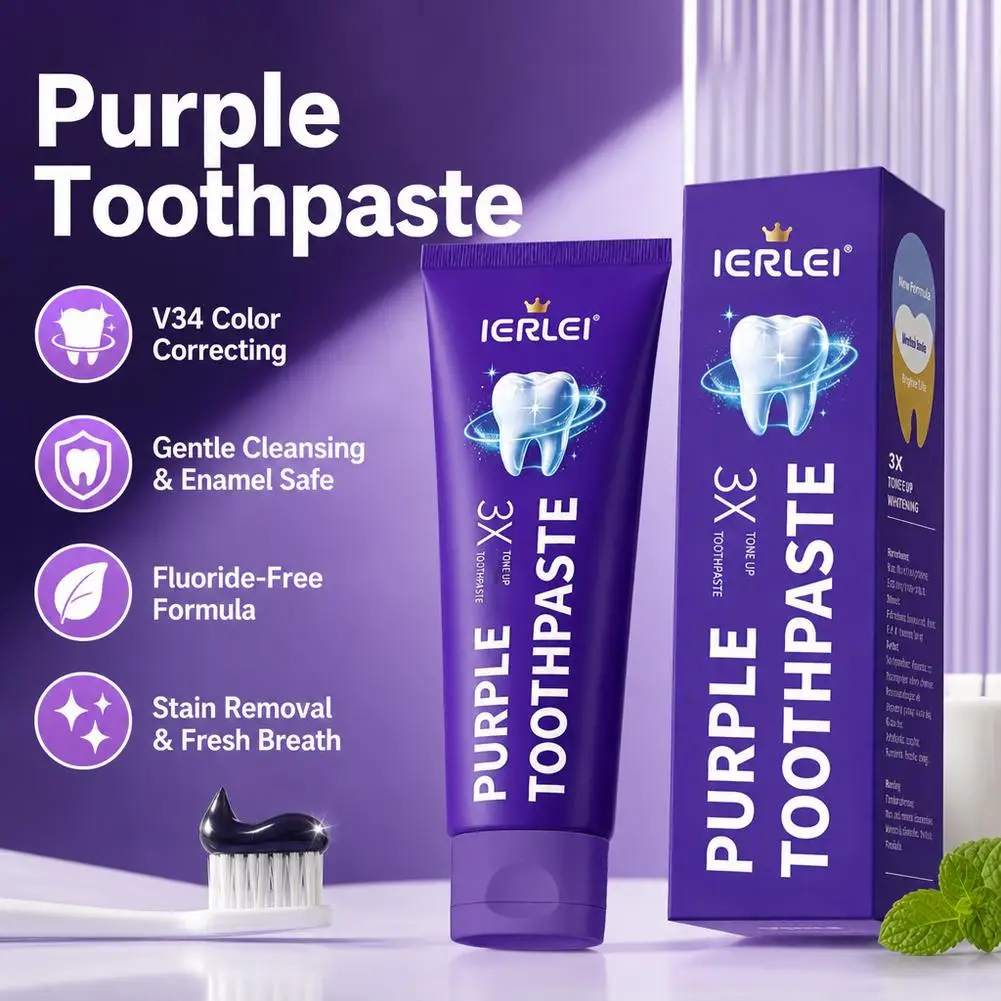 Purple Color Correction Toothpaste 100G Fluoride Free Gentle Enamel Care Optical Tone Balancing Mint Fresh Breath Portable