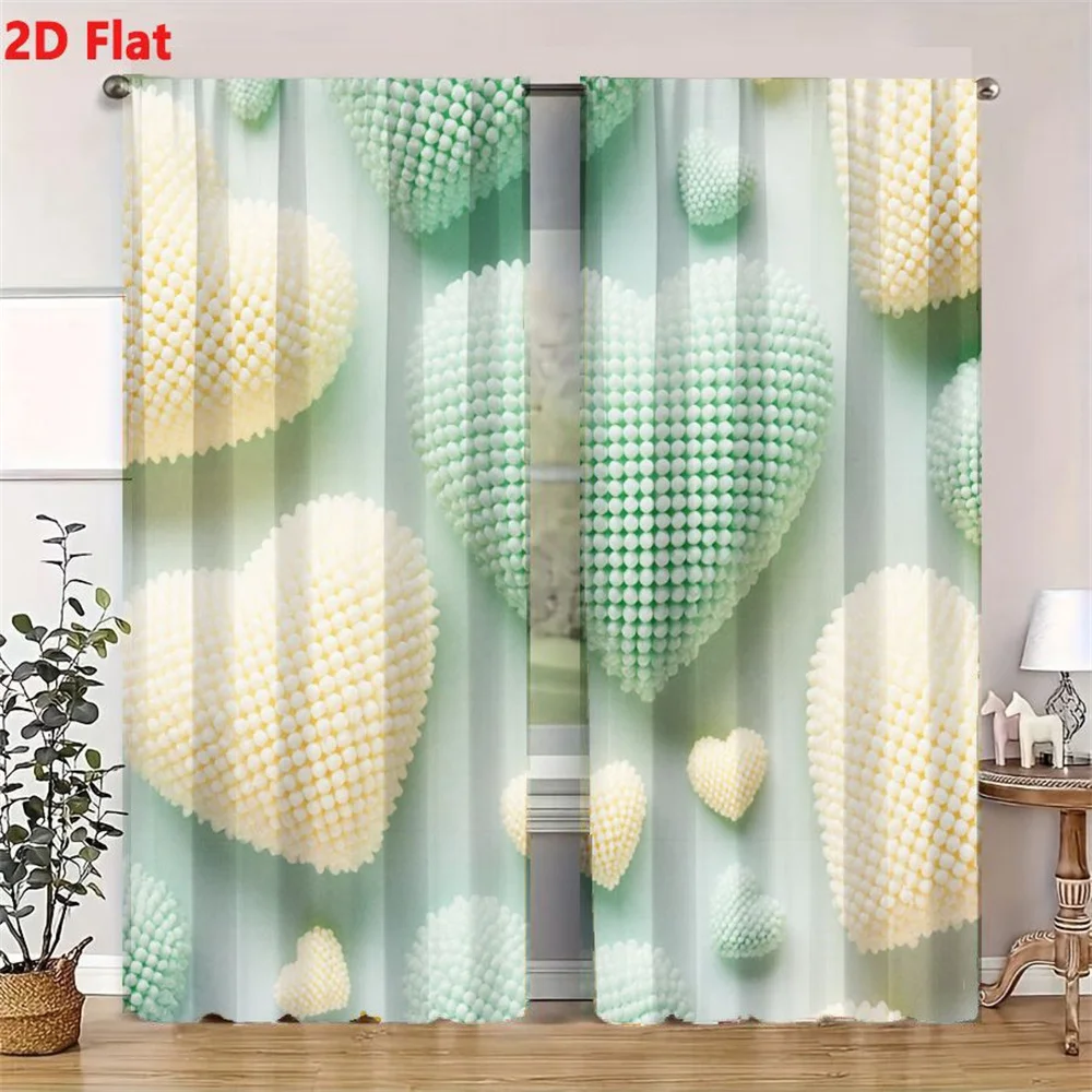 2Pcs Curtains 2D Flat Heart - Shaped Beaded Decoration Pastel Mint Green And Cream White Heart Arrangement On Light Background W 4