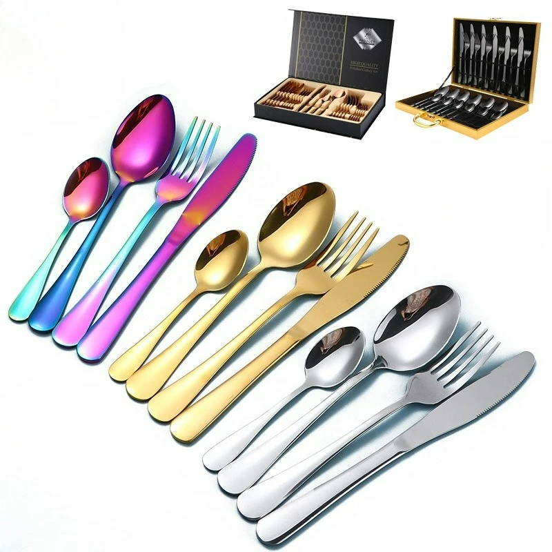 طقم أدوات فضية مكون من 24 قطعة باللون الأسود/الذهبي مع سكاكين وشوك وملاعق وأدوات مائدة، خدمة لـ 6 أشخاص، أطقم أدوات للمطبخ