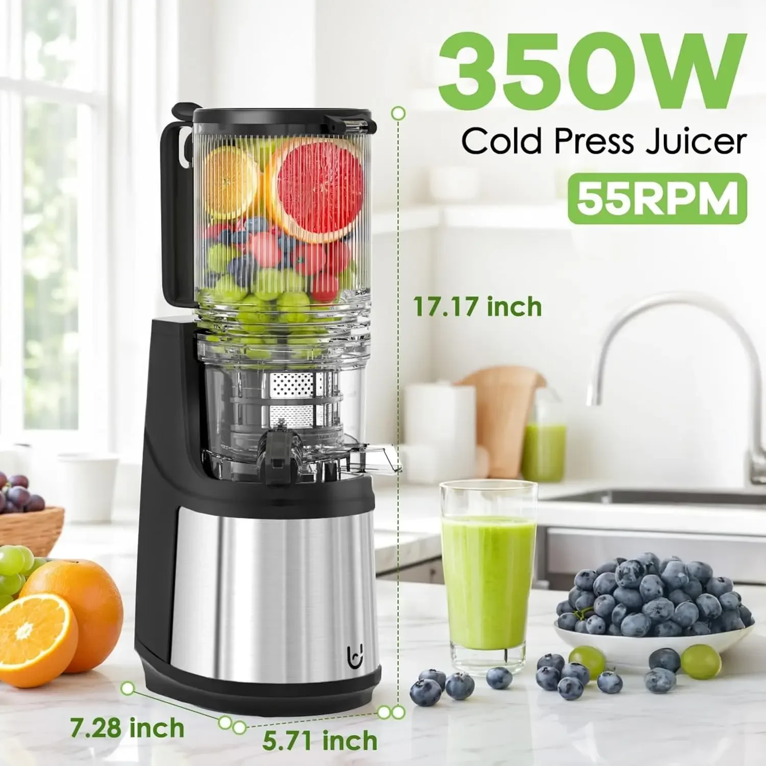 Juicer, 350W Slow Cold Press Juicer with 6.5" Extra-Large Feeding Chute, Juicer Machines for Whole Fruits and Vegetables, Easy t