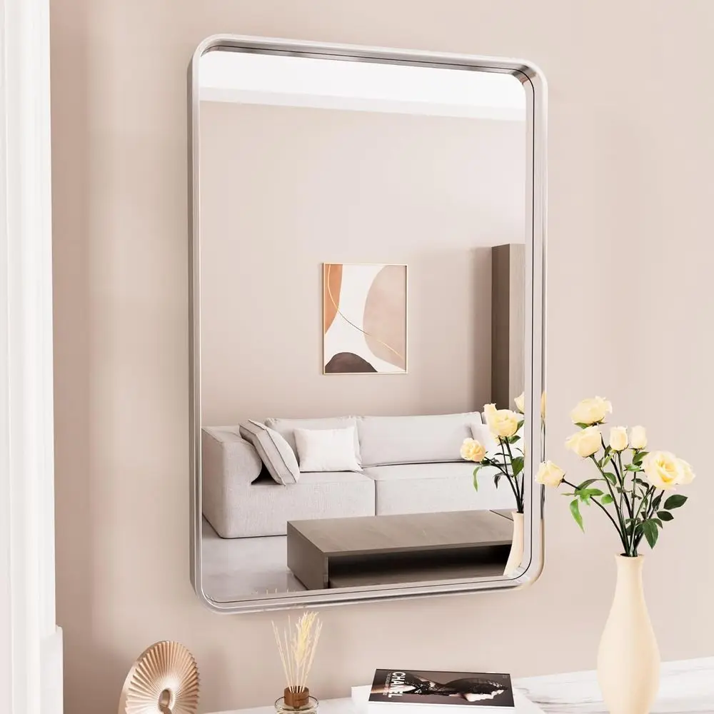 Modern 30x22 Rectangular Vanity Mirror with Brushed Nickel Frame for Bathroom, Bedroom, and Living Spaces