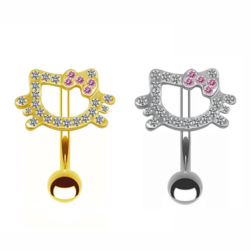 Cute Cat Belly Button Rings for Girl Top-Down Belly Piercing Jewelry Surgical Steel Navel Rings Cubic Zirconia Body Jewelry