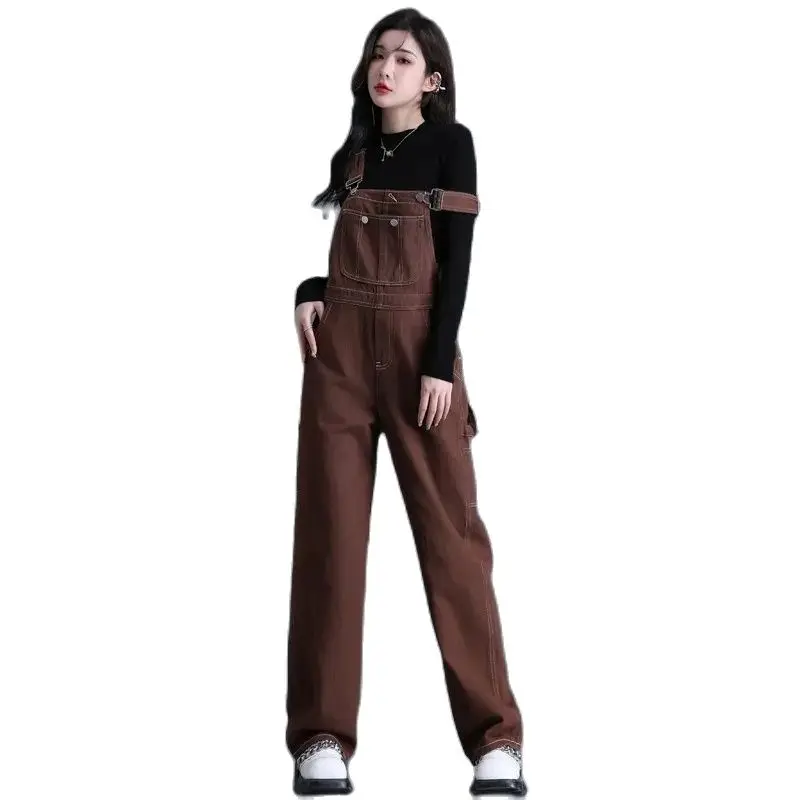 Brown Denim Bib Female 2024 Spring And Autumn New Fashion Loose Slim Wide-leg Pants Pants Temperament Online Celebrity Jumpsuit.