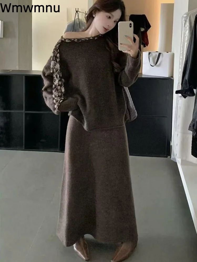 

Элегантный мешковатый вязаный свитер Conjuntos, женский повседневный мешковатый шелковый шарф с круглым вырезом, свободная корейская модная юбка, комплект из 2 предметов