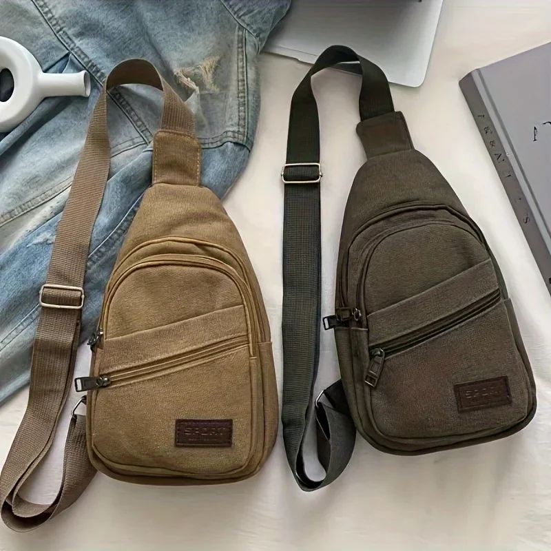 Nuova borsa da petto da uomo, borsa di tela semplice e alla moda, chiusura con cerniera, borse incrociate diagonali a spalla singola casual