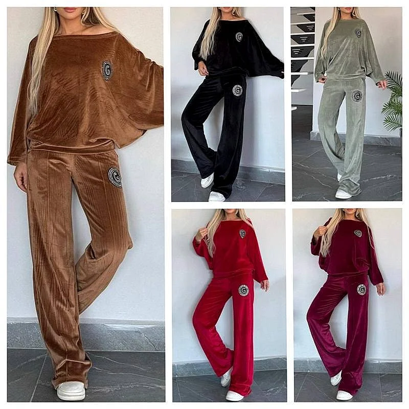 Fashion Women Velvet Loose Batwing Sleeve Blouse Top And Wide Leg Pants Matching Set