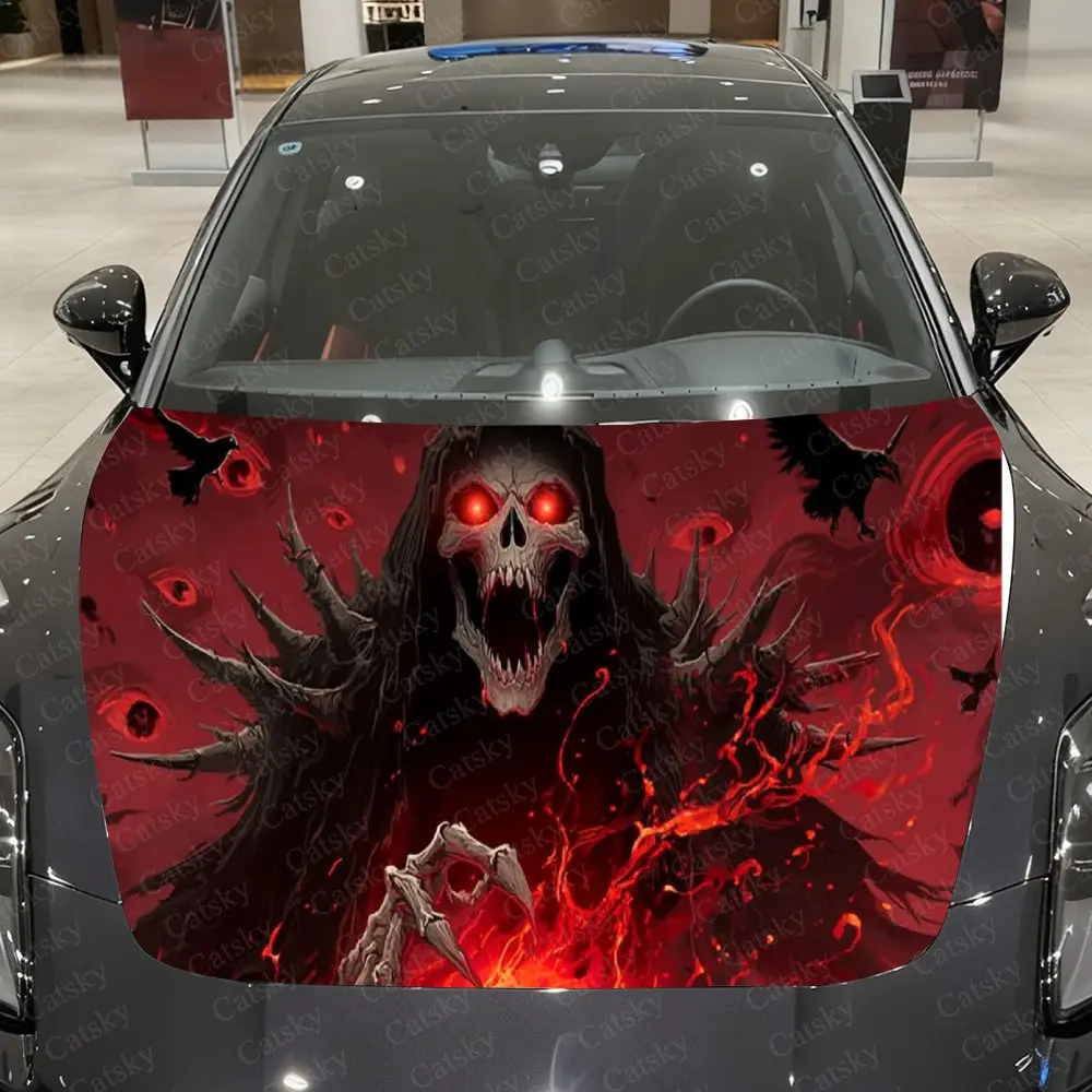 

Red flame black-robed skeleton Car Hood Sticker - Gothic Floral Skull Design, Durable PVC Vinyl Material, Enhances Protection an