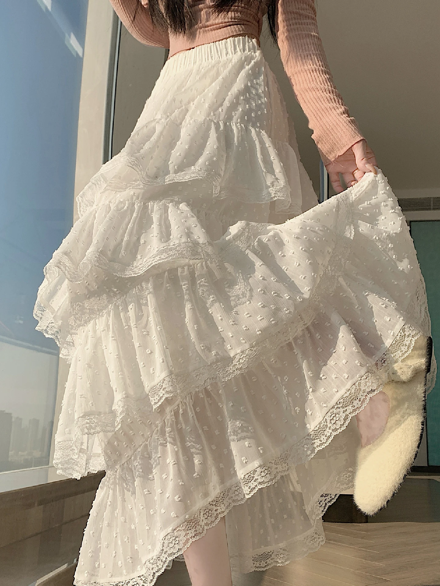 

Белая кружевная юбка-пачка с пэчворком, с высокой талией, А-силуэт, для женщин, весна-осень-зима, милая, молодежная, для повседневной носки